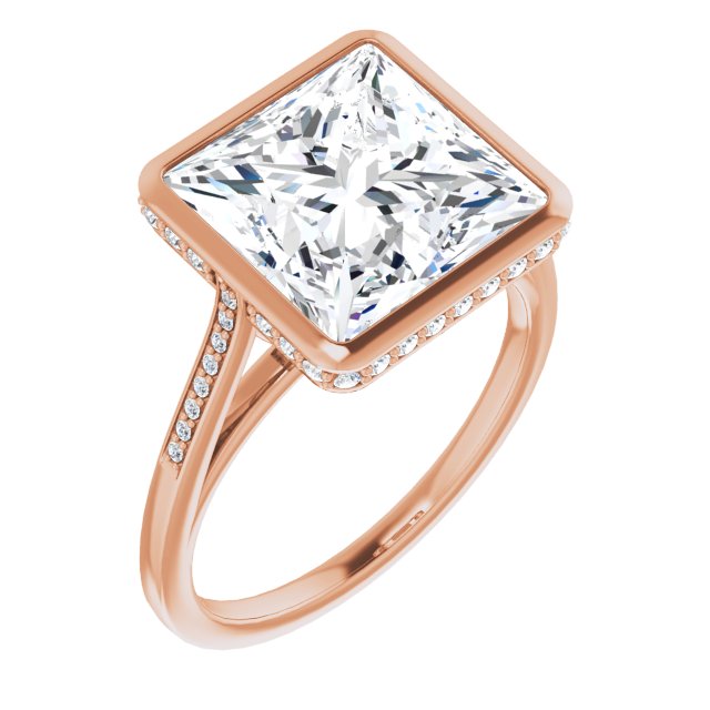 10K Rose Gold Customizable Cathedral-Bezel Princess/Square Cut Style with Under-halo and Shared Prong Band