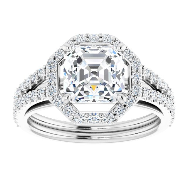 Cubic Zirconia Engagement Ring- The Danieela (Customizable Cathedral Asscher Cut Design with Geometric Halo & Split Pavé Band)