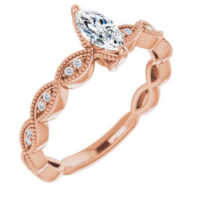 10K Rose Gold Customizable Marquise Cut Artisan Design with Scalloped, Round-Accented Band and Milgrain Detail