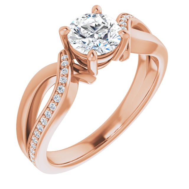 10K Rose Gold Customizable Round Cut Center with Curving Split-Band featuring One Shared Prong Leg