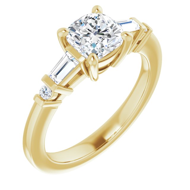 10K Yellow Gold Customizable 5-stone Baguette+Round-Accented Cushion Cut Design)