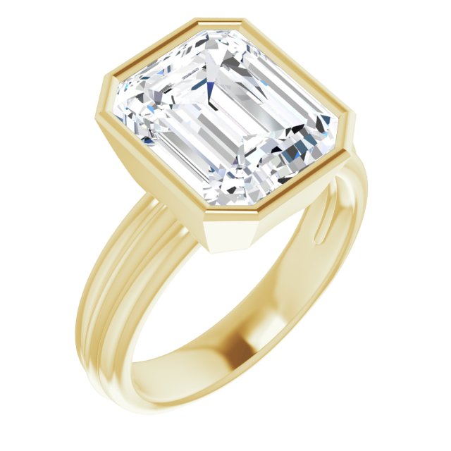 10K Yellow Gold Customizable Bezel-set Emerald/Radiant Cut Solitaire with Grooved Band