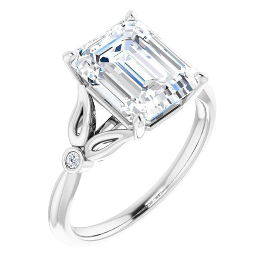 10K White Gold Customizable 3-stone Emerald/Radiant Cut Design with Thin Band and Twin Round Bezel Side Stones