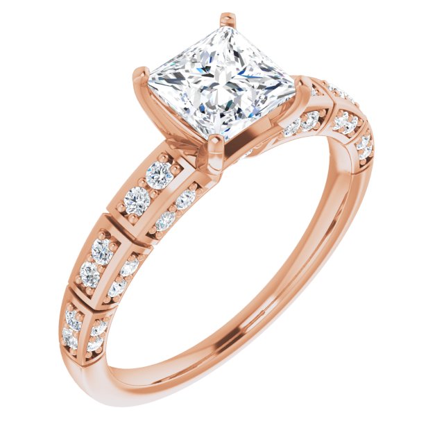 10K Rose Gold Customizable Princess/Square Cut Style with Three-sided, Segmented Shared Prong Band