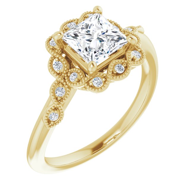 10K Yellow Gold Customizable 3-stone Design with Princess/Square Cut Center and Halo Enhancement
