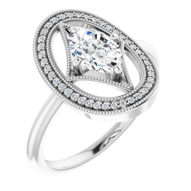 10K White Gold Customizable Kite-Rhombus Oval Cut Design with Beaded Milgrain & Halo Accents