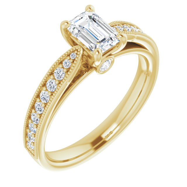 10K Yellow Gold Customizable Emerald/Radiant Cut Style featuring Milgrained Shared Prong Band & Dual Peekaboos