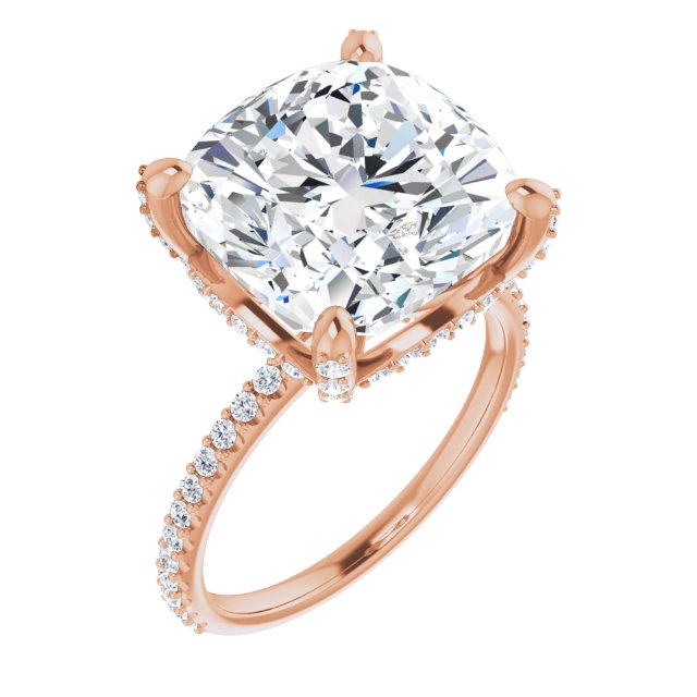 10K Rose Gold Customizable Cushion Cut Design with Round-Accented Band, Micropav? Under-Halo and Decorative Prong Accents)