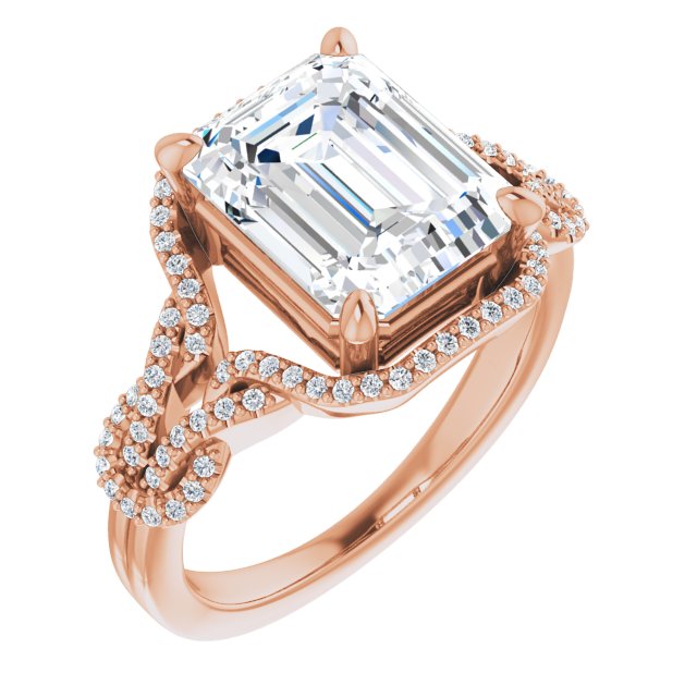 10K Rose Gold Customizable Emerald/Radiant Cut Design with Intricate Over-Under-Around Pavé Accented Band