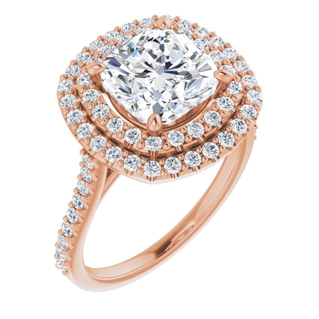 10K Rose Gold Customizable Double-Halo Cushion Cut Design with Accented Split Band