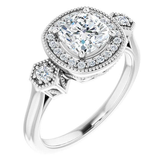 10K White Gold Customizable Cathedral Cushion Cut Design with Halo and Delicate Milgrain