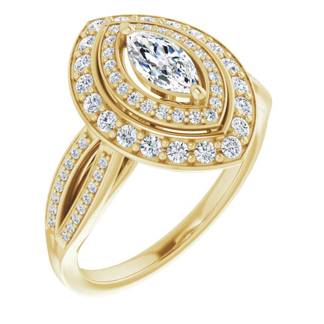 10K Yellow Gold Customizable Cathedral-style Marquise Cut Design with Double Halo & Split-Pavé Band
