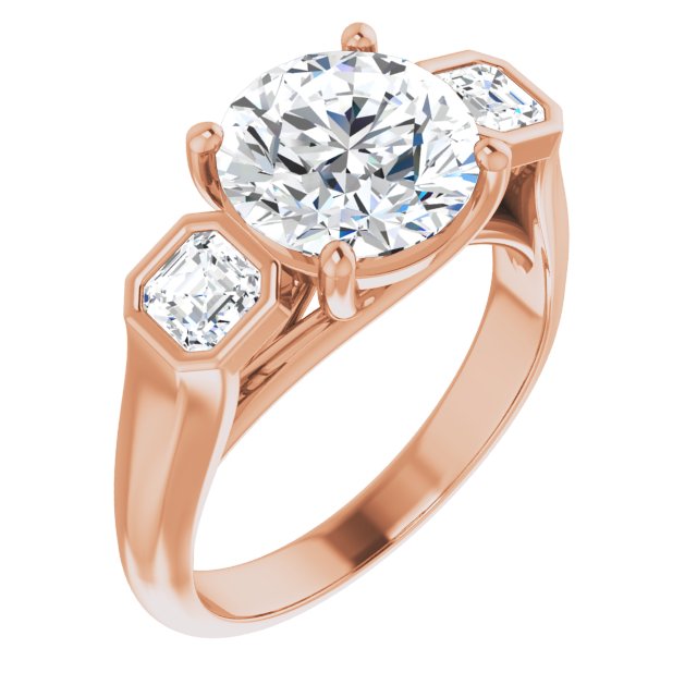 10K Rose Gold Customizable 3-stone Cathedral Round Cut Design with Twin Asscher Cut Side Stones