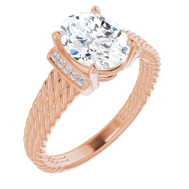 10K Rose Gold Customizable 11-stone Design featuring Oval Cut Center, Vertical Round-Channel Accents & Wide Triple-Rope Band