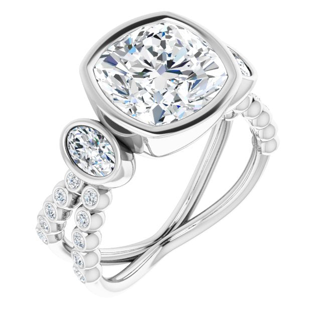 10K White Gold Customizable Bezel-set Cushion Cut Design with Dual Bezel-Oval Accents and Round-Bezel Accented Split Band