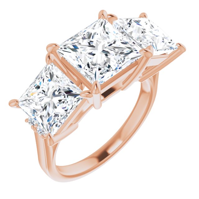 10K Rose Gold Customizable Triple Princess/Square Cut Design with Quad Vertical-Oriented Round Accents