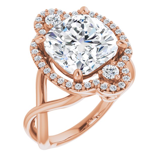 10K Rose Gold Customizable Vertical 3-stone Cushion Cut Design Enhanced with Multi-Halo Accents and Twisted Band