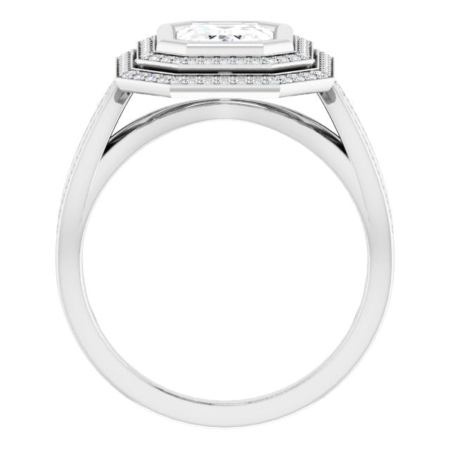 Cubic Zirconia Engagement Ring- The Eliana (Customizable Bezel-set Radiant Cut Style with Double Halo and Split Shared Prong Band)
