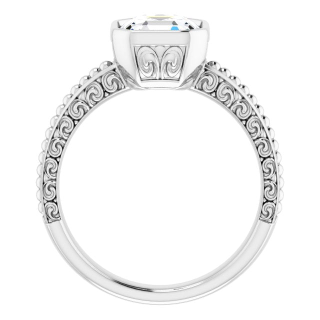 Cubic Zirconia Engagement Ring- The Cheyenne (Customizable Bezel-set Asscher Cut Solitaire with Beaded and Carved Three-sided Band)