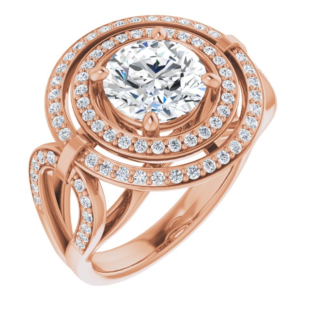 14K Rose Gold Customizable Cathedral-set Round Cut Design with Double Halo & Accented Ultra-wide Horseshoe-inspired Split Band