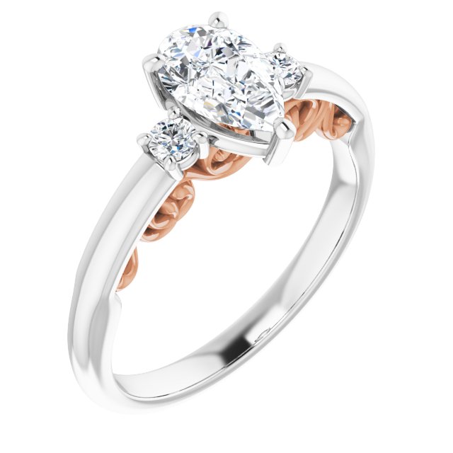 14K White & Rose Gold Customizable Pear Cut 3-stone Style featuring Heart-Motif Band Enhancement