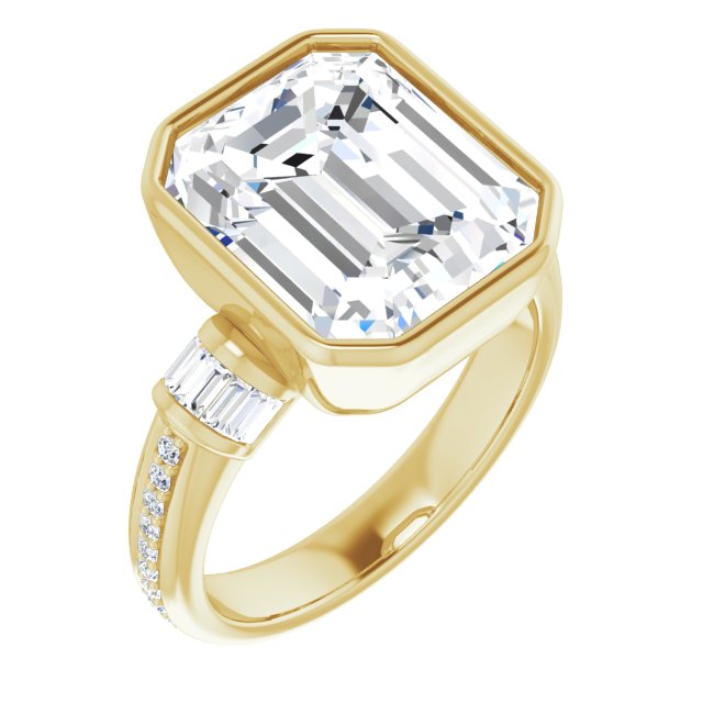 10K Yellow Gold Customizable Cathedral-Bezel Emerald/Radiant Cut Style with Horizontal Baguettes & Shared Prong Band