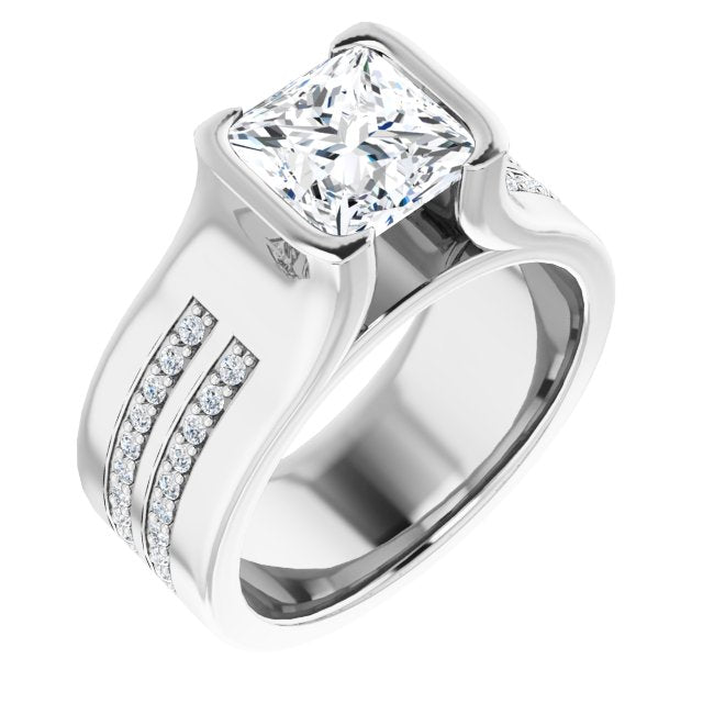 10K White Gold Customizable Bezel-set Princess/Square Cut Design with Thick Band featuring Double-Row Shared Prong Accents