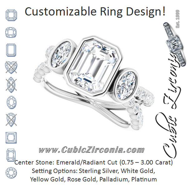 Cubic Zirconia Engagement Ring- The Tamanna (Customizable Bezel-set Radiant Cut Design with Dual Bezel-Oval Accents and Round-Bezel Accented Split Band)