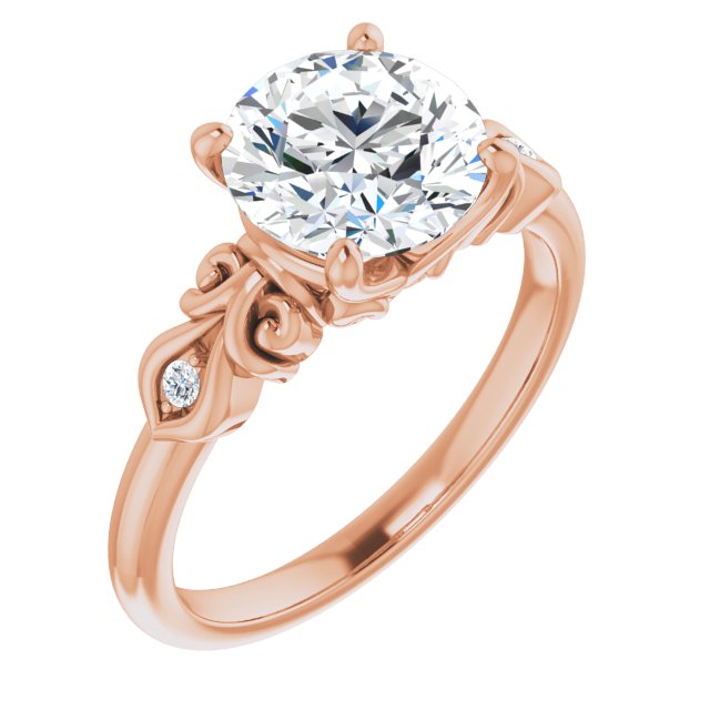 14K Rose Gold Customizable 3-stone Round Cut Design with Small Round Accents and Filigree