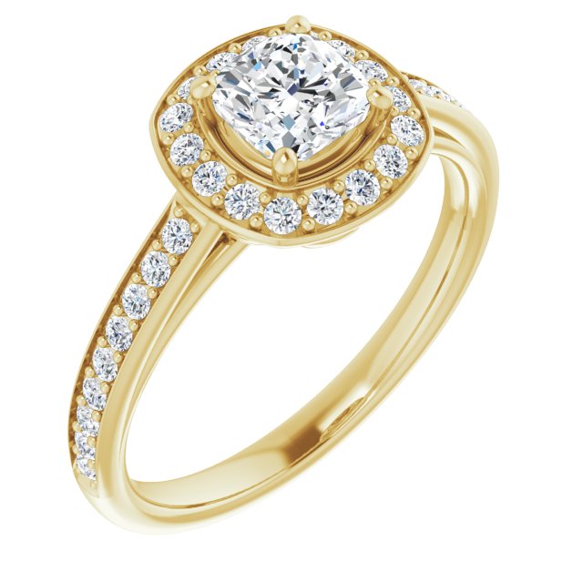 10K Yellow Gold Customizable Cathedral-raised Cushion Cut Halo-and-Accented Band Design