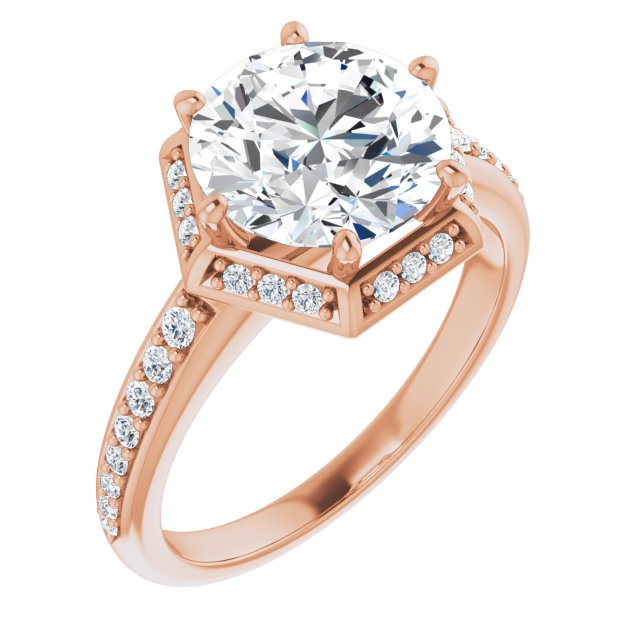 14K Rose Gold Customizable Round Cut Design with Geometric Under-Halo and Shared Prong Band