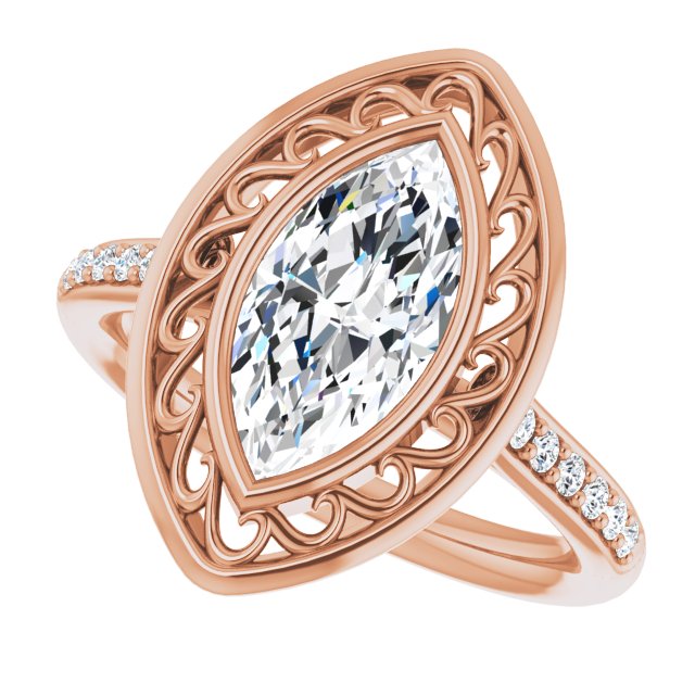 Cubic Zirconia Engagement Ring- The Hailey Belle (Customizable Cathedral-Bezel Marquise Cut Design with Floral Filigree and Thin Shared Prong Band)