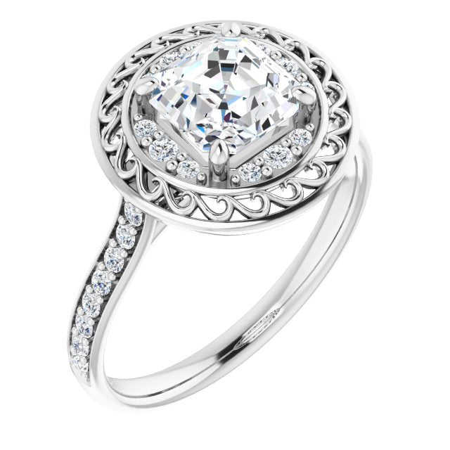 10K White Gold Customizable Cathedral-style Asscher Cut featuring Cluster Accented Filigree Setting & Shared Prong Band
