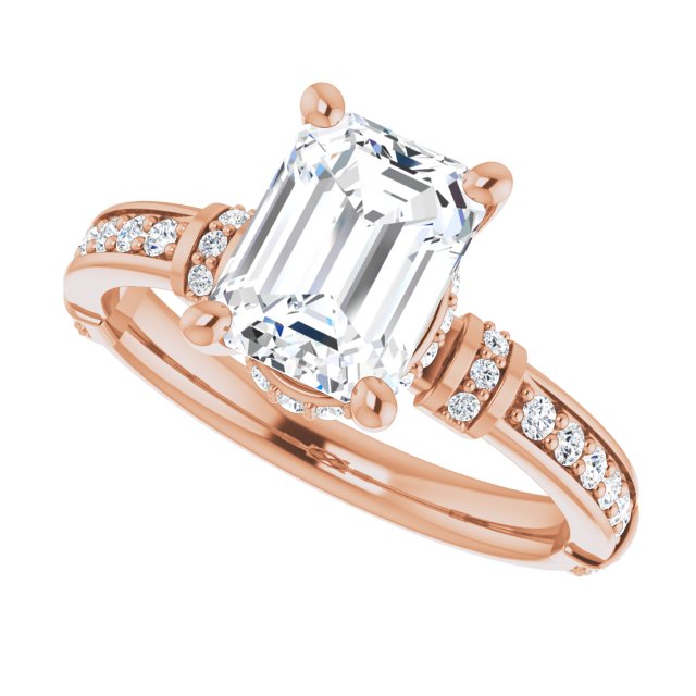 Cubic Zirconia Engagement Ring- The Ambrosia (Customizable Emerald Cut Style featuring Under-Halo, Shared Prong and Quad Horizontal Band Accents)