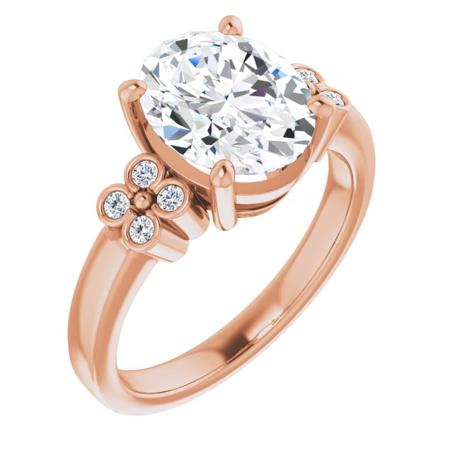 10K Rose Gold Customizable 9-stone Design with Oval Cut Center and Complementary Quad Bezel-Accent Sets