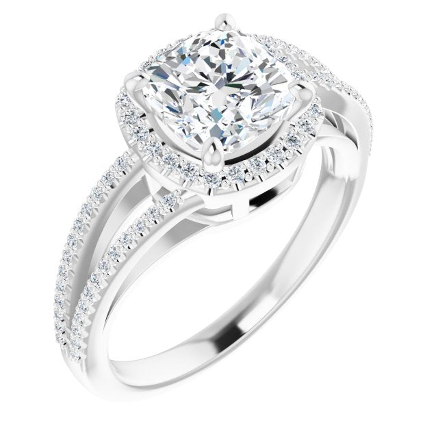 14K White Gold Customizable Cushion Cut Vintage Design with Halo Style and Asymmetrical Split-Pavé Band