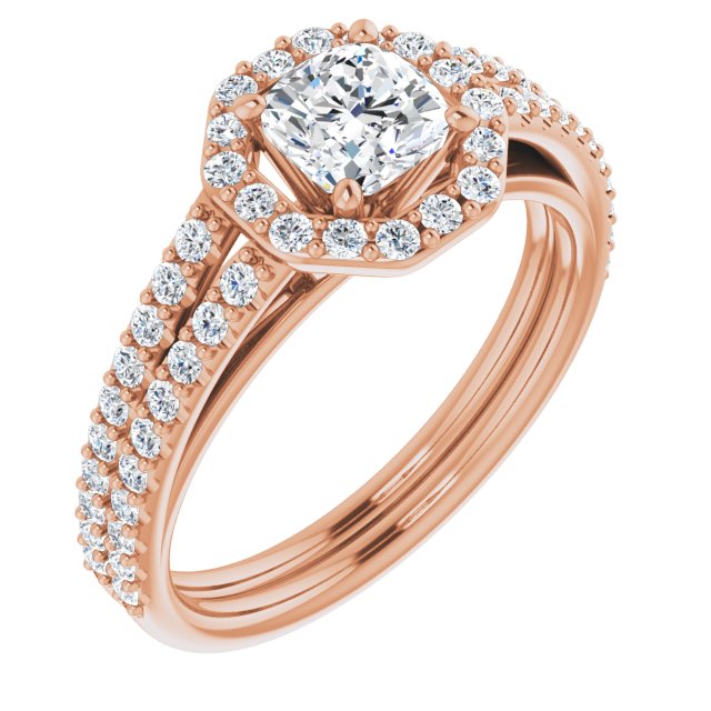 10K Rose Gold Customizable Cathedral Cushion Cut Design with Geometric Halo & Split Pavé Band