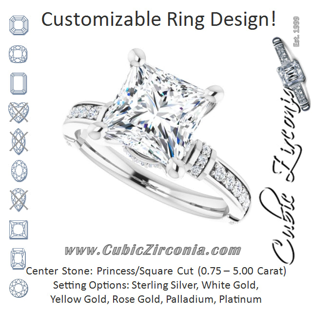 Cubic Zirconia Engagement Ring- The Ambrosia (Customizable Princess/Square Cut Style featuring Under-Halo, Shared Prong and Quad Horizontal Band Accents)