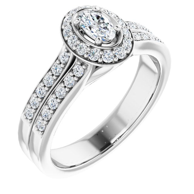 10K White Gold Customizable Oval Cut Halo Style with Accented Split-Band