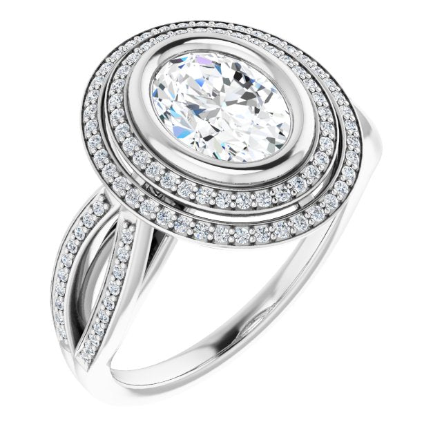 Cubic Zirconia Engagement Ring- The Eliana (Customizable Bezel-set Oval Cut Style with Double Halo and Split Shared Prong Band)