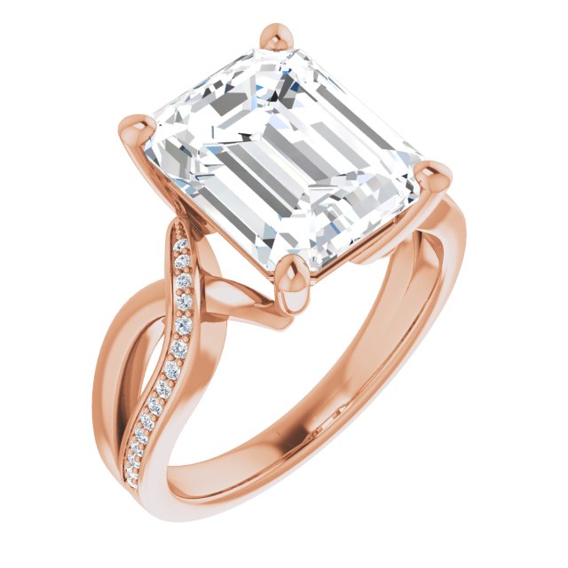 10K Rose Gold Customizable Emerald/Radiant Cut Center with Curving Split-Band featuring One Shared Prong Leg
