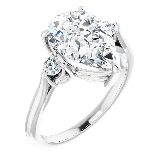 10K White Gold Customizable Three-stone Pear Cut Design with Small Round Accents and Vintage Trellis/Basket