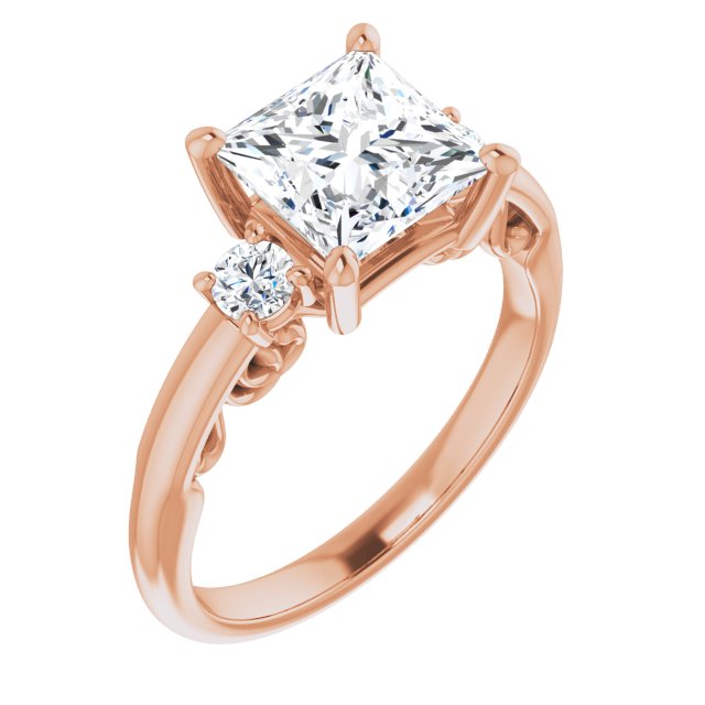 10K Rose Gold Customizable Princess/Square Cut 3-stone Style featuring Heart-Motif Band Enhancement