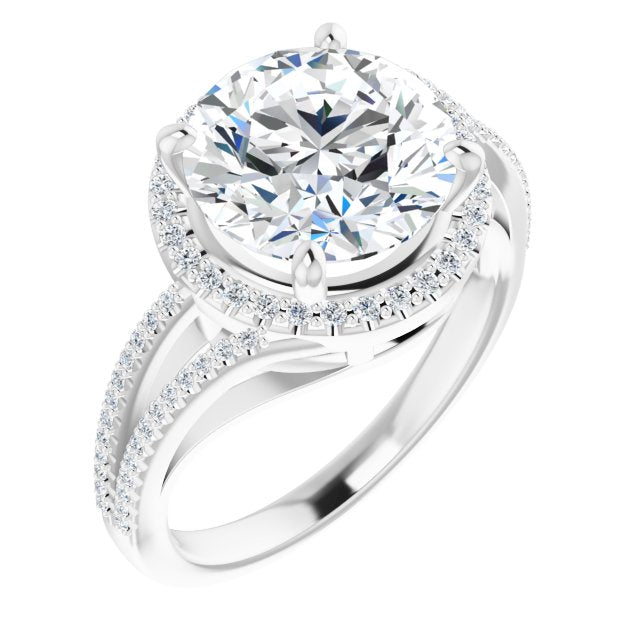 10K White Gold Customizable Round Cut Vintage Design with Halo Style and Asymmetrical Split-Pavé Band