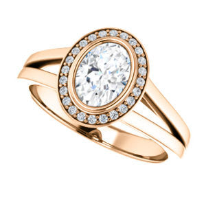 Cubic Zirconia Engagement Ring- The Blondie (Customizable Bezel-set Cathedral-style Oval Cut with Halo Style and V-Split Band)