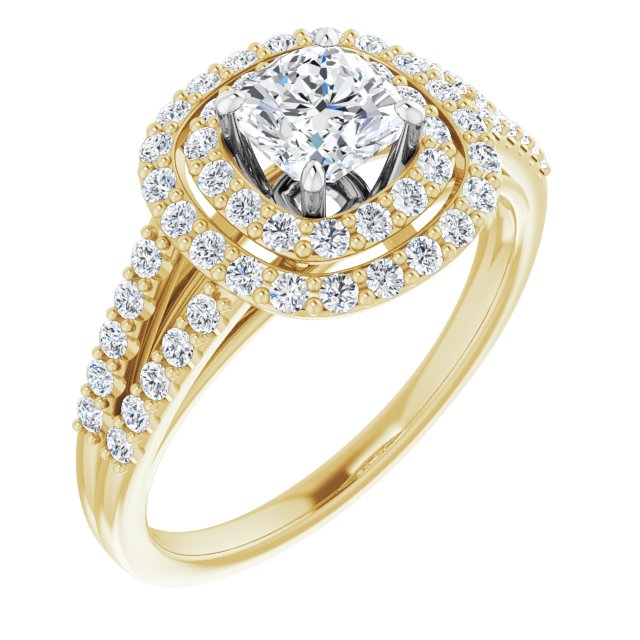 14K Yellow & White Gold Customizable Cushion Cut Design with Double Halo and Wide Split-Pavé Band