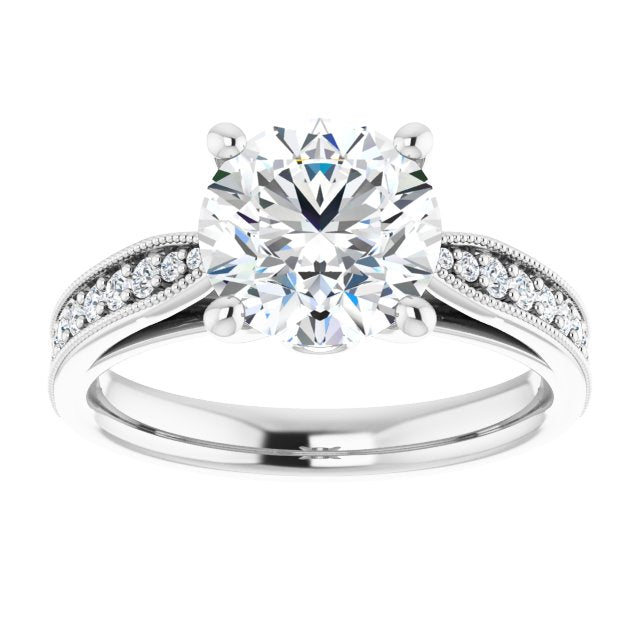 Cubic Zirconia Engagement Ring- The Carli Love (Customizable Round Cut Style featuring Milgrained Shared Prong Band & Dual Peekaboos)