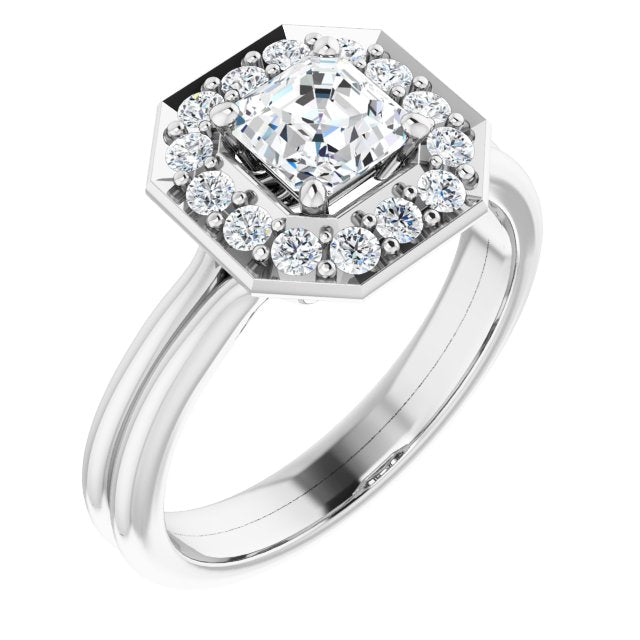 10K White Gold Customizable Cluster-Halo Accented Asscher Cut Style with Tapered Dual Band