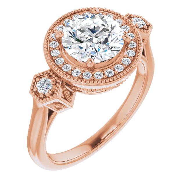 10K Rose Gold Customizable Cathedral Round Cut Design with Halo and Delicate Milgrain