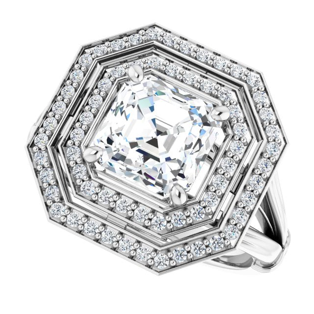 Cubic Zirconia Engagement Ring- The Cheryl (Customizable Cathedral-set Asscher Cut Design with Double Halo, Wide Split Band and Side Knuckle Accents)